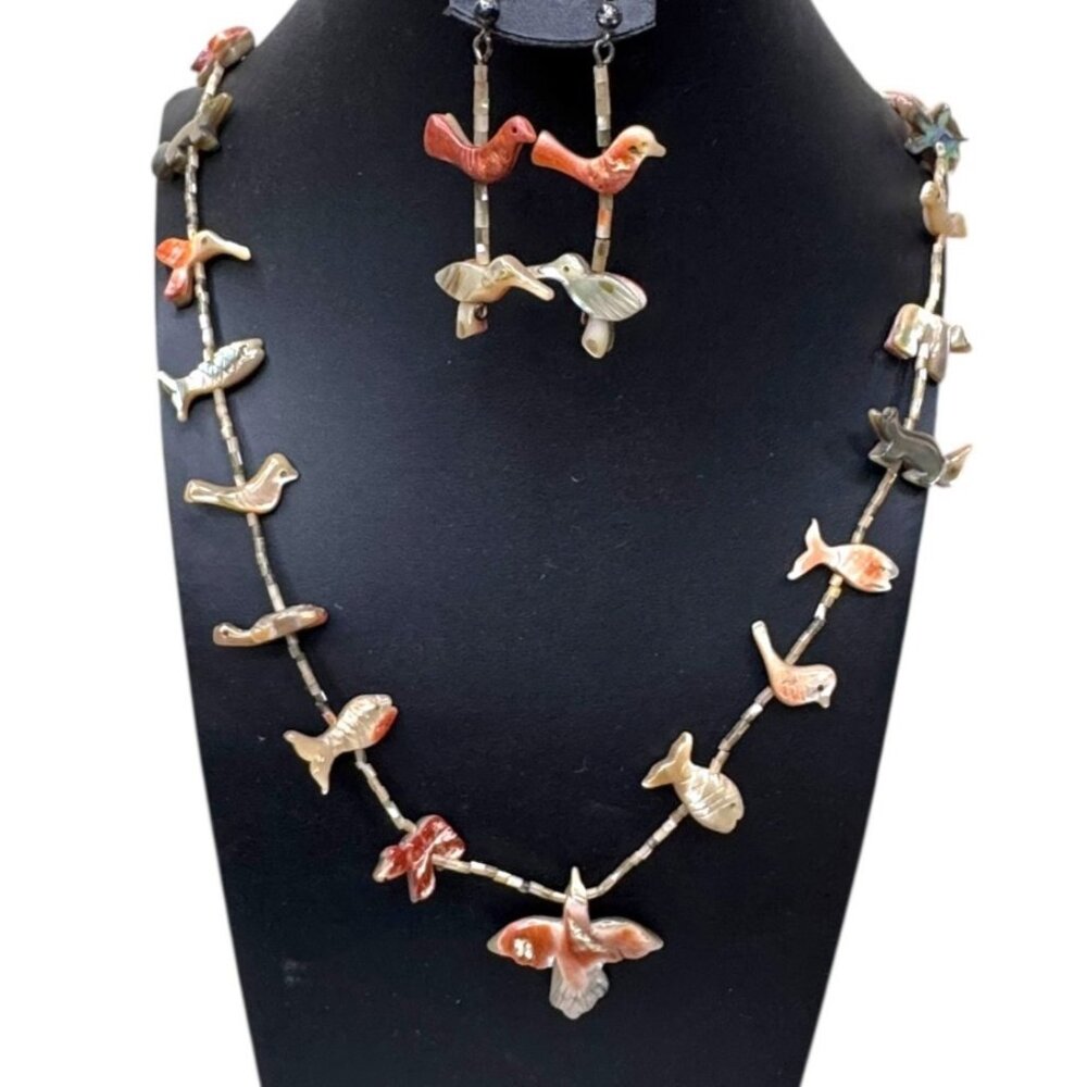 Vintage Zuni Bird Fish Fetish Necklace Matching Earrings Carved Native American